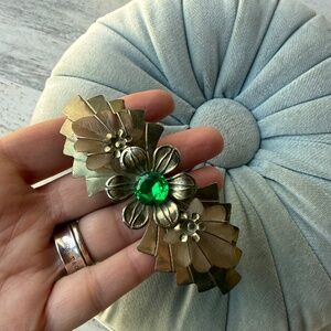 Vintage Goldtone Metal French Barrette Hair Barrette Flower Green Rhinestone